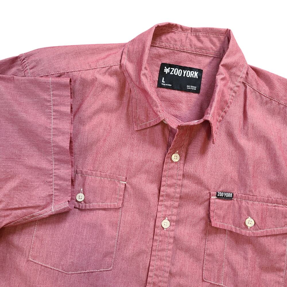 Zoo York Button Down Shirt Men L Pink/Red Y2K Skate Core Streetwear Chest Pocket